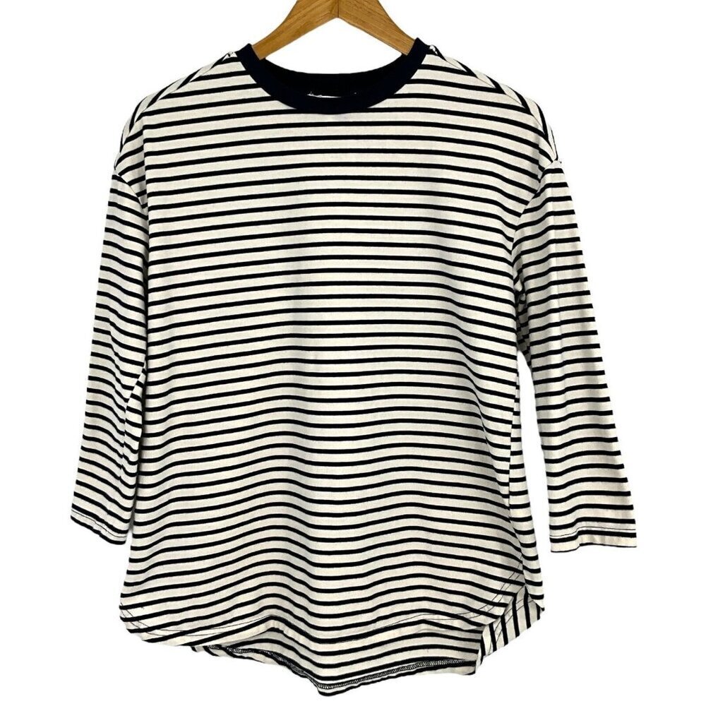 Pomander Place Tuckernuck Navy Striped Knit Popover Shirt Size S 3/4 Sleeve